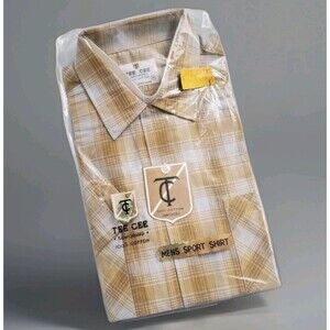 Vtg 50s Loop Collar Short Sleeve Camp Shirt Men M Plaid SANFORIZED NOS Old Stock